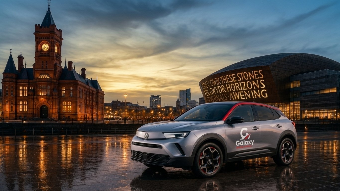 Galaxy Driving Academy — dusk cityscape with Galaxy-branded SUV